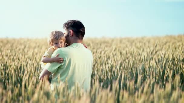 Hermosa escena de papá y su hijo pequeño en el campo de trigo fresco. Feliz padre y niño abrazándose, sonriendo. Familia, amor, concepto de infancia. — Vídeo de stock