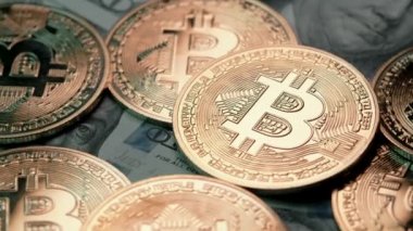 Bitcoin, şifreli para. Altın sikkeler 100 dolar değerinde banknotlar halinde dönüyor. Dijital değişim, BTC 'nin popülerliği, geleceğin parası, elektronik endüstrisi, madencilik kavramı..