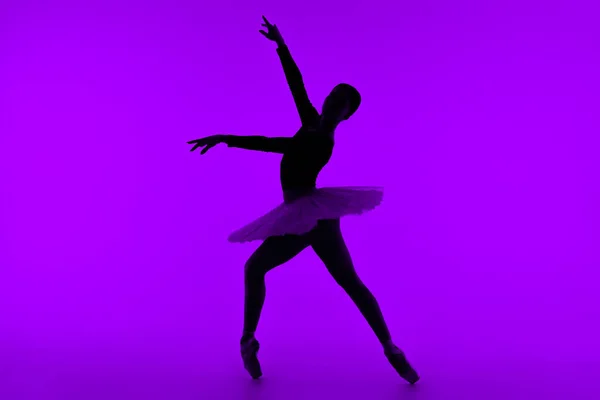 Ballerino professionista su parete studio viola con luce viola. Ballerina sensuale. Bella silhouette di donna in abito tutù. Performance solista. — Foto Stock