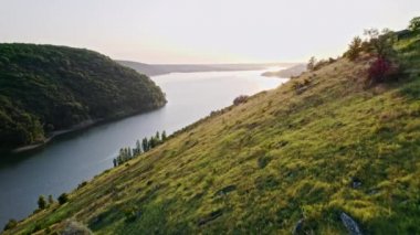 Uçurumun yamaçlarındaki hava aracı manzarası, ormanla kaplı. Dünyanın güzel yaz doğası. İnanılmaz bir geçmişi, turistik tatil beldeleri