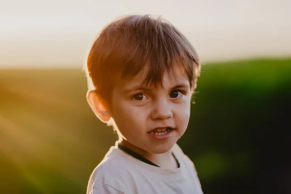 Portret uśmiechniętego dzieciaka stojącego na zielonym polu. Uroczy chłopczyk bada rośliny, przyrodę wiosną. Dzieciństwo, przyszłość, rolnictwo, koncepcja ekologii — Zdjęcie stockowe