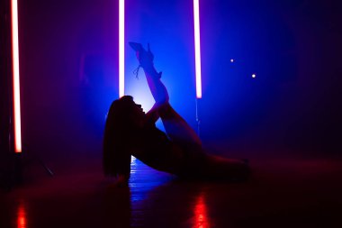 Smoky çok renkli arka planda güzel bir dansçı silueti. Neon ışıkları seksi kadının arkasında parlıyor. Bayan baştan çıkarıcı hareket ediyor. Koreografi, dans, performans kavramı