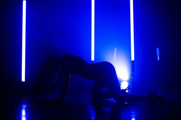 Mujer atractiva en traje sexy se mueve plásticamente a la música en el suelo en estudio azul con lámparas largas. La dama actúa sola. Concepto de baile sexual, coreografía, arte — Foto de Stock