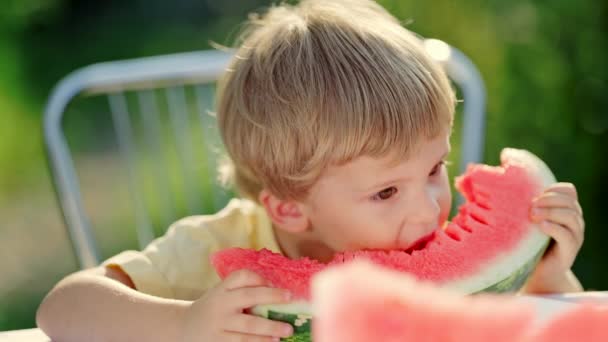 Un niño encantador comiendo sandía roja fresca. Deliciosas imágenes de un niño rubio sentado junto a la mesa en el patio trasero. Vida sana, vitaminas, cosecha de verano. — Vídeo de stock