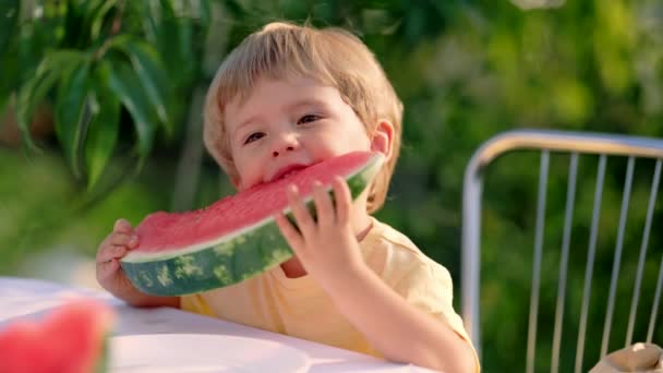 Lindo niño comiendo rebanada de jugosa sandía sentado en el fondo del jardín verde natural. Adorable niño disfrutando de verano fruta fresca con sonrisa. — Vídeo de stock