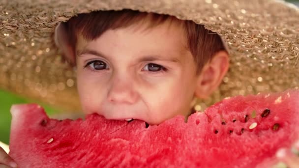 Красивий маленький хлопчик їсть свіжий червоний кавун. Яскраві кадри усміхненого хлопчика сидить за столом у саду. Здоровий спосіб життя, вітаміни дині, літній урожай . — стокове відео