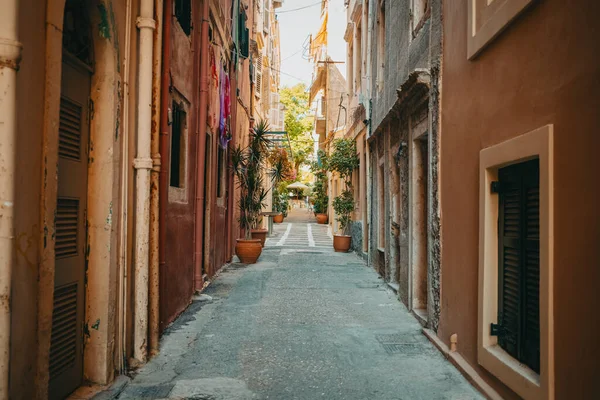 Bela rua estreita acolhedora na cidade velha da Itália ou da Grécia. Fachadas históricas europeias de edifícios. Conceito de paisagem urbana. — Fotografia de Stock