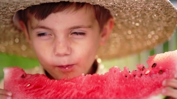 귀여운 소년 이 천연의 푸른 정원 배경에 놓인 즙 이 많은 수박을 먹고 있습니다. 밀짚모자를 쓴 사랑 스러운 아이가 활짝 웃으며 여름 참외 열매를 즐긴다. — 비디오