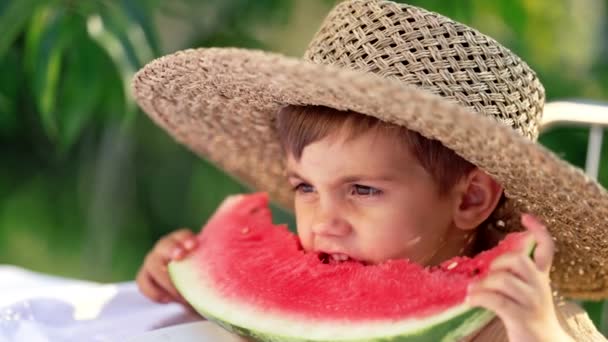 Cute little boy jedzenia plasterek soczystego arbuza siedzi na naturalnym zielonym tle ogrodu. Urocze dziecko w słomkowym kapeluszu cieszące się latem świeżym owocem melona z uśmiechem. — Wideo stockowe