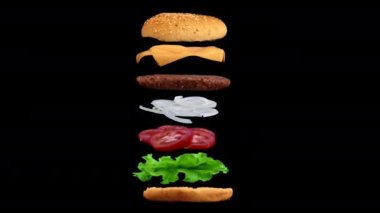 İştah açıcı hamburgerler ve siyah arka planda uçan malzemeler. Dönüşümlü et pirzolası ile izole edilmiş çizburger. Tabağın tüm katmanları ayrı ayrı..