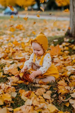 Sarı elbiseli sevimli kız sonbahar yapraklarının arasında oturmuş merakla doğayı keşfediyor. Sıcak sonbahar atmosferi, aile, çocukluk ve mevsimlik temalar için mükemmel..