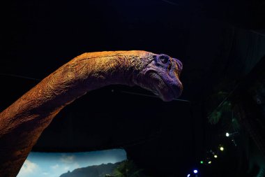 Madrid, İspanya - 18.12.2025. Gerçekçi boyuttaki Brachiosaurus Jurassic World 'de sergilendi. Ayrıntılı dokular ve ölçekler turistler, aileler, ikonik film bayiliğinin hayranları için bir cazibe yarattı.