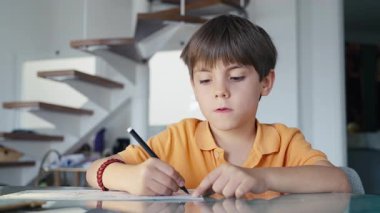 Albüm tutkusuyla resim yapan 6 yaşındaki genç bir çocuğun portresi. Yaratıcılık, çocukluk yeteneği, eğitim, sanat gelişimi, duygusal ifade, ebeveynlik, yaşam tarzı ve öğrenme kavramları.