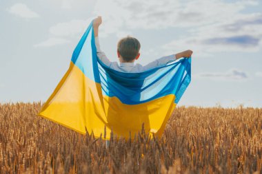 Ulusal Buğday Bayrağı Arkasında Mutlu Ukraynalı Vatansever Çocuk. Ukrayna, barış, bağımsızlık, özgürlük, savaşta zafer. Yüksek kalite fotoğraf