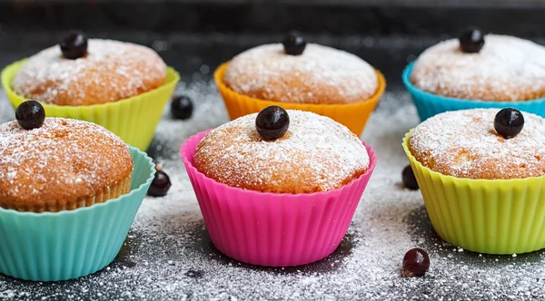 Muffins with black currant in silicone forms sprinkled — Stock Photo, Image