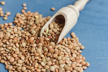 bir tahta kaşık üzerinde ham mercimek