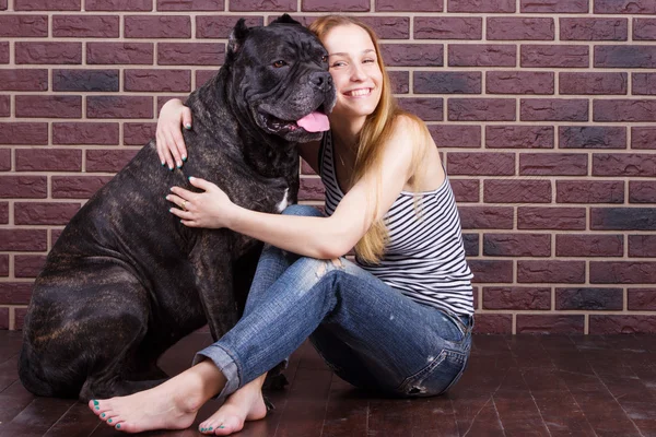 Átölelve egy nagy lány kutya Cane Corso — Stock Fotó