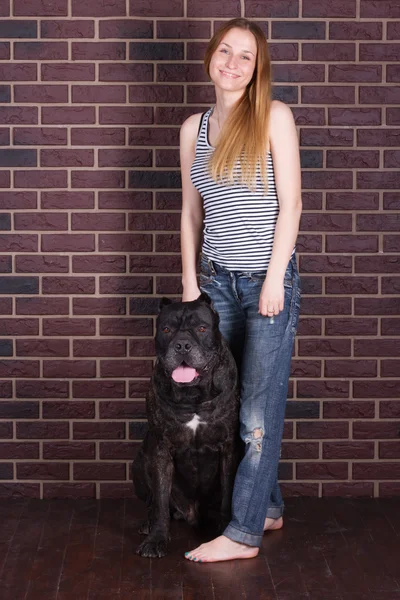 Menina de pé perto da parede e abraçando um cão grande cana Corso — Fotografia de Stock