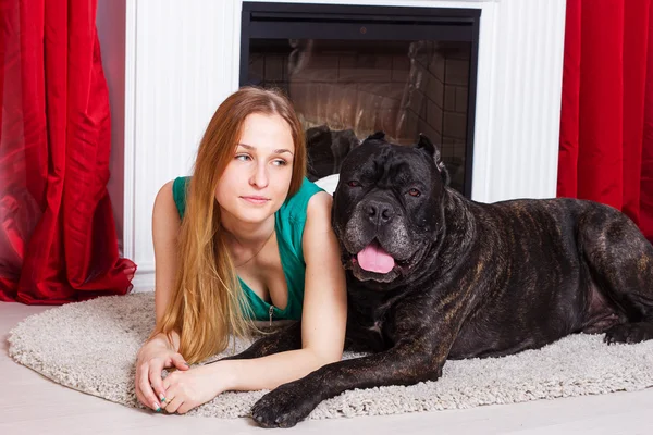 Girl is at home next to the fireplace with dog Cane Corso — Stock Photo, Image