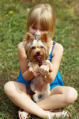 Kızım 6 yaşında çimenlerin üzerinde oturan ve Yorkshire Terrier tutar
