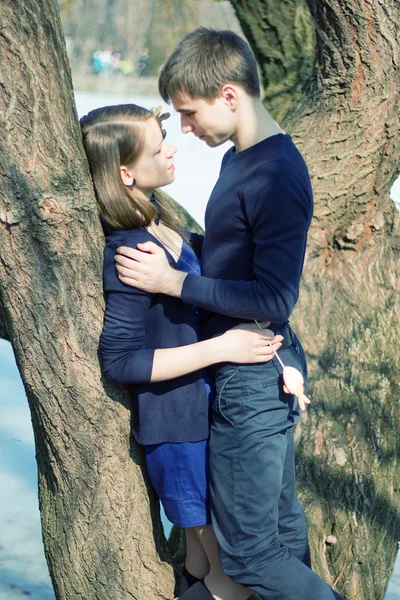 Romantico adolescente coppia da albero parco — Foto Stock