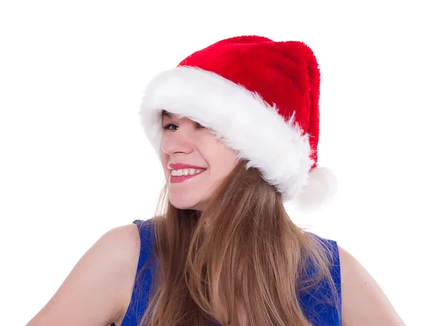 Ładna kobieta w czerwonym kapeluszu santa claus śmiejąc się na białym tle — Zdjęcie stockowe