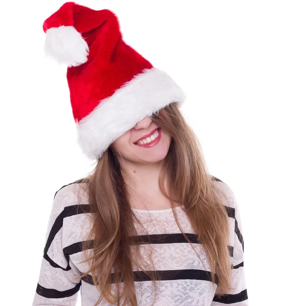 Expressive emotional girl in a Christmas hat on white background — Stock Photo, Image