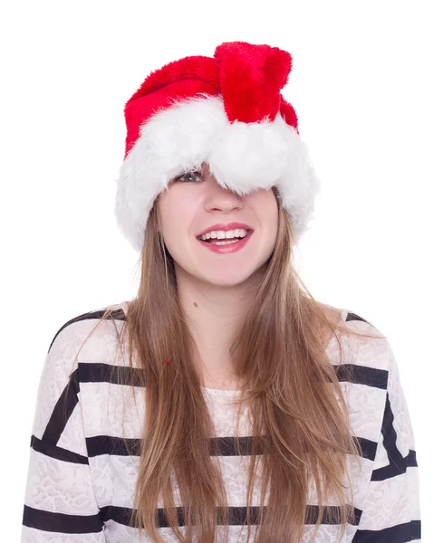 Expressive emotional girl in a Christmas hat on white background — Stock Photo, Image