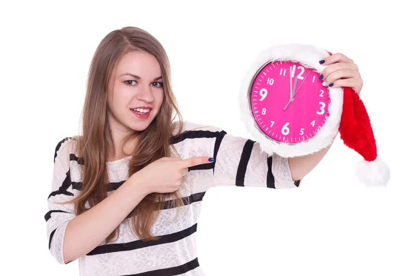 Portrait of santa girl with clock. white background — Stock Photo, Image