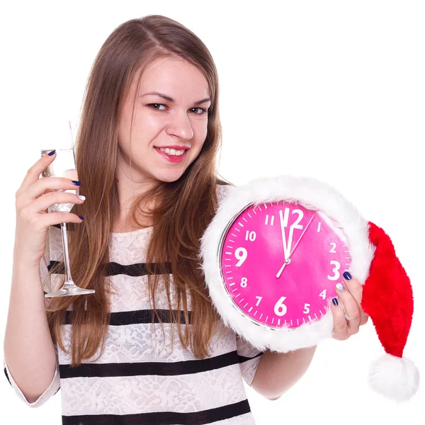 Belle jeune femme avec horloge et coupe de champagne — Photo