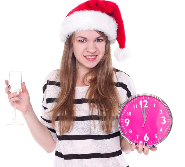Beautiful young woman with clock and glass of champagne — Stock Photo, Image
