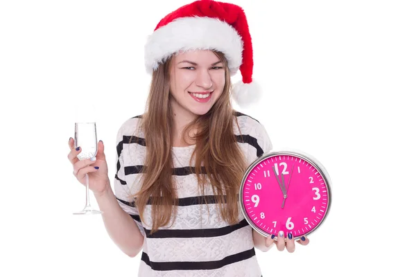 Beautiful young woman with clock and glass of champagne — Stock Photo, Image