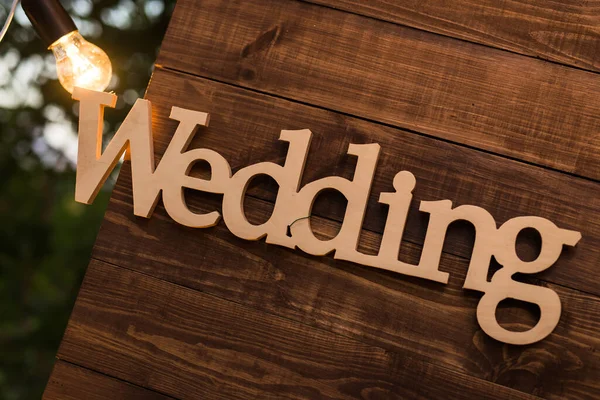 Wooden Plaque Wedding Beautiful Decor Photo Zone Letters Retro Lamp — Stock Photo, Image