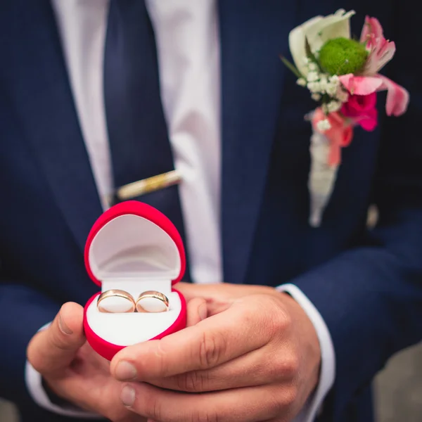 Noivo segurando anéis de casamento — Fotografia de Stock