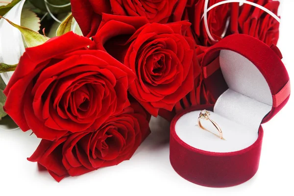 Roses flower and golden ring — Stok Foto