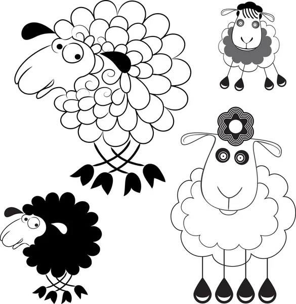 Caricature de moutons. Option Line et l'option la silhouette — Image vectorielle