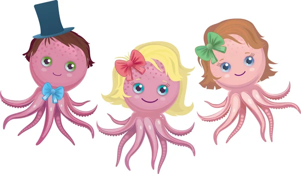 Three octopuses with hairstyles. Funny kids — Stock Vector