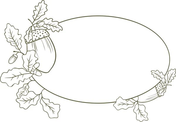 Rahmen in Form eines Oval mit Eichenblättern und Eicheln. lineare Musterlösung — Stockvektor