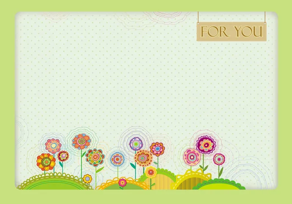 Festive frame with colorful decorative flowers on the flat openwork hills — Stock Vector