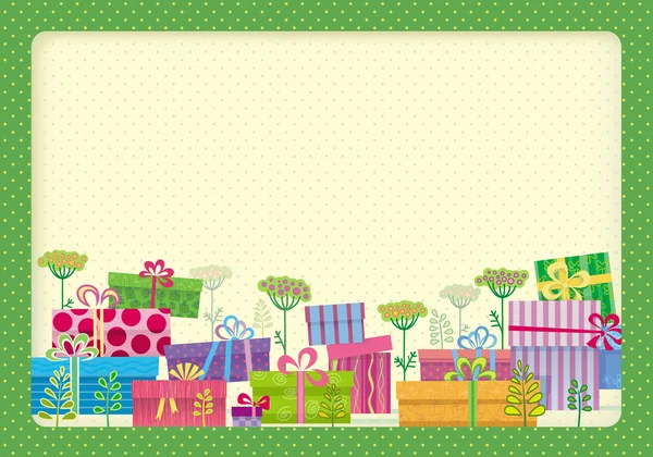 Alegre limpieza de cajas de regalo y flores. Aplicación en marco verde claro — Vector de stock