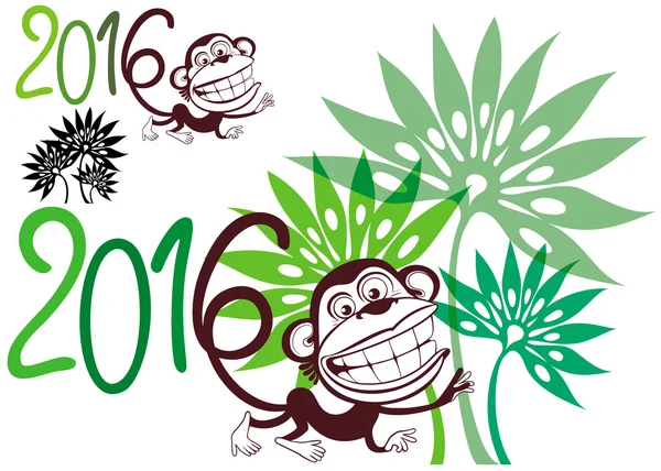 Silhouette fun monkey on a background of palm trees. Symbol of the year. — Stock Vector