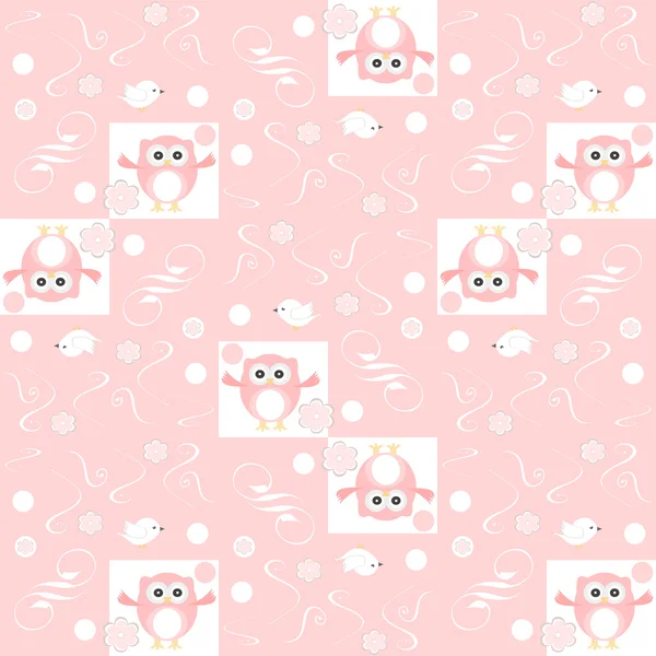 Cute floral seamless background with pink owls — Stock Vector