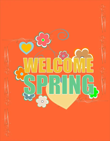 Welcome Spring Holiday Card. Bienvenido Spring Vector. Bienvenida Primavera fondo. Gráfico de vacaciones de primavera. Bienvenida Spring Art. Dibujo de vacaciones primavera — Archivo Imágenes Vectoriales