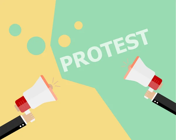 Manos sosteniendo carteles de protesta y megáfono, multitud de manifestantes fondo, póster de crisis política, puños, símbolo de concepto de pancarta de revolución estilo plano diseño moderno vector ilustración — Vector de stock