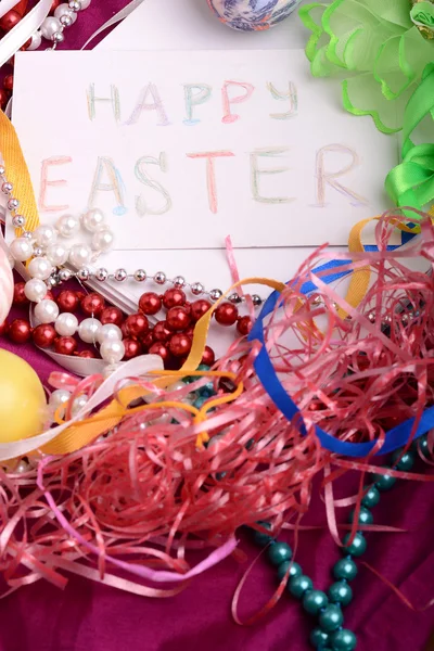 Easter background with eggs, ribbons and spring decoration — Stock Photo, Image