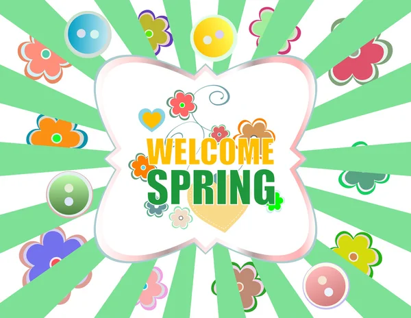 Welcome Spring Holiday Card. Bienvenido Spring Vector. Bienvenida Primavera fondo. Gráfico de vacaciones de primavera. Bienvenida Spring Art. Dibujo de vacaciones primavera — Archivo Imágenes Vectoriales