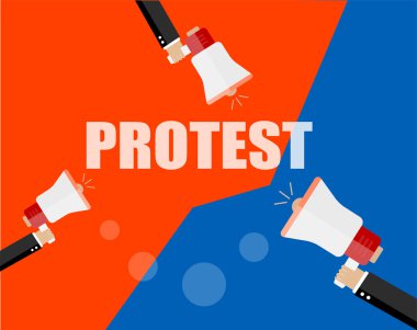 Protesto işaretleri ve megafon tutan eller, protestocu kalabalığı arka plan, siyasi, siyasi kriz afişi, yumruklar, devrim pankart konsepti sembolü düz stil modern tasarım tasarım illüstrasyonu
