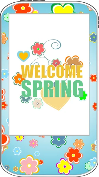 Willkommenskarte für den Frühling. willkommener Frühjahrsvektor. Willkommen im Frühling. Frühlingsferiengrafik. Willkommenskunst im Frühling. Frühlingsferien-Ziehung — Stockvektor