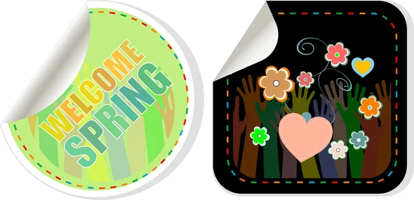 Benvenuto Spring Holiday Card. Benvenuto Vettore di Primavera. Benvenuto Pulsante web Spring isolato su bianco. Grafico delle vacanze primaverili. Benvenuto Primavera Art. Primavera vacanza disegno — Vettoriale Stock