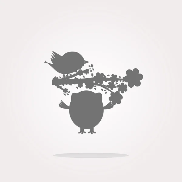 Botón de vector con búho, pájaro y árbol, aislado en blanco. Web Icon Art. Dibujo gráfico icono — Vector de stock